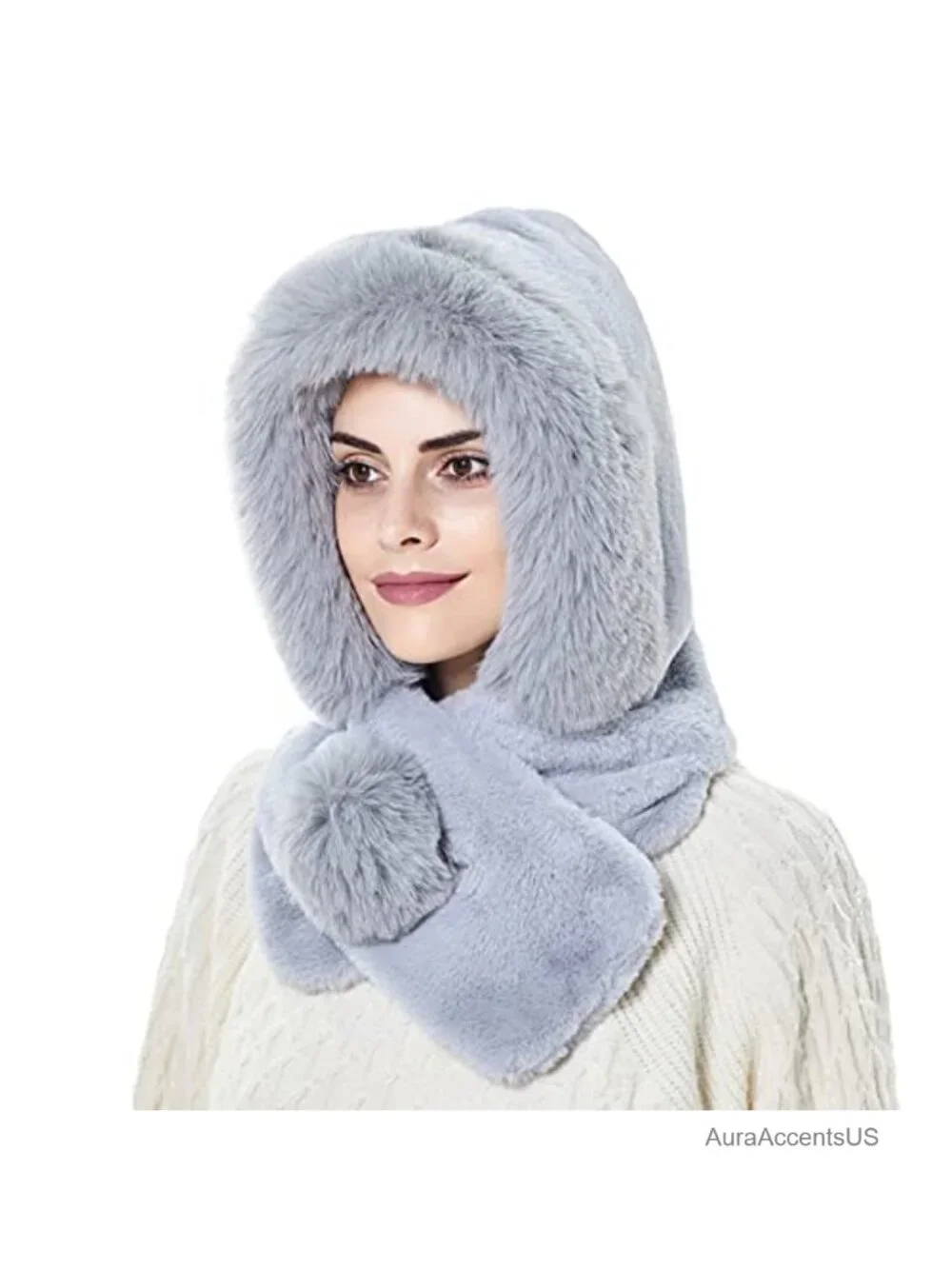 Fleece Hooded Scarf Winter Balaclava Neck Warmer Adjustable Pompom
